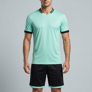 Mint Green Black Rib Trim Soccer Jersey Match Wear Maillot de Football Shorts Set Mens Training Blank Soccer Uniform - Product Image 1