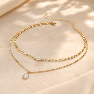 Collier à chaîne perlée plaqué or jaune 10K à 2 couches avec pendentif en moissanite taille goutte d'eau, bijoux pour femmes - Product Image 3