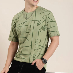เสื้อยืดแขนสั้นสีเขียวมะกอกสำหรับผู้ชาย ทรงปกติ คอวี ผ้าฟลีซทอ ระบายอากาศได้ดี ไม่เป็นขุย - Product Image 3