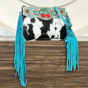 Handcrafted Tooled Cowhide Leather Cherry Motif Fringe <b>Bag</b> Western Style Large Capacity Shoulder Crossbody Travel <b>Bag</b> for Ladies - Product Image 4