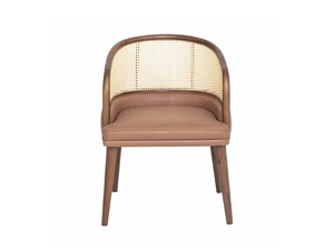 Silla de comedor tapizada en cuero de estilo moderno de mediados de siglo, con estructura de madera y respaldo de mimbre - Product Image 6