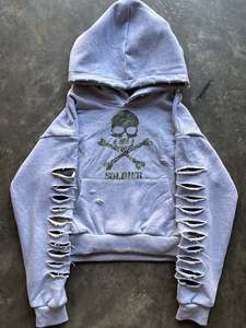 Sweat à capuche personnalisé pour homme, coupe courte, effet vieilli, manches déchirées, imprimé graphique, style streetwear, OEM ODM, marque privée, sweats à capuche tendance - Product Image 1