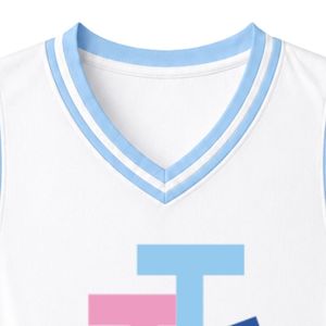 เสื้อบาสเก็ตบอลปักโลโก้ JJ สีขาว แบบไม่มีแขน คอวี แต่งขอบสีน้ำเงิน สำหรับชุดทีมหญิง - Product Image 2