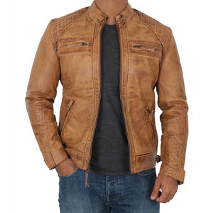 เสื้อแจ็คเก็ตหนังผู้ชายสไตล์คาเฟ่เรเซอร์ แบรนด์ Outfitize ดีไซน์แขนเสื้อลายทางย้อนยุค หนังแพะแท้ ทรงเข้ารูป สไตล์ไบค์เกอร์ - Product Image 1