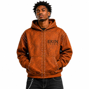 Custom Luxury Unisex Distressed 100% Cotton Fleece Zip-Up Hoodie Heavyweight Anti-Pilling Streetwear <b>Jacket</b> <b>Rhinestone</b> Studs - Product Image 3