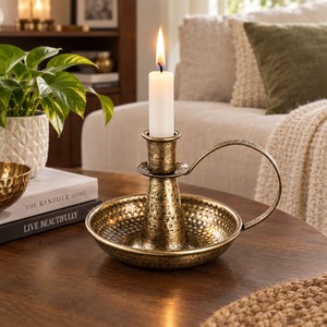 Vintage brass chamberstick Handled taper <b>candle</b> holder Octagon <b>dish</b> base candleholder Gold brass <b>candle</b> stand - Product Image 3