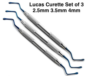 Ensemble professionnel de curettes osseuses Lucas, 3 pièces, pour chirurgie parodontale et orale, instruments chirurgicaux en titane à pointe bleue - Product Image 3