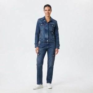 <b>Women</b> Dark Blue Denim <b>Jacket</b> And <b>Cargo</b> Jeans Set Utility Two Piece Matching Denim Outfit Casual Streetwear Fashion - Product Image 1