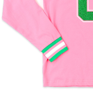 AKA 1908 Pink Long Sleeve Jersey Women Chenille Embroidery Greek Sorority Apparel Football Style Shirt Premium Fit - Product Image 2