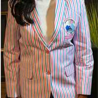 Blazer croisé JJoa à rayures cristallines pour femme, rose et bleu, avec patch brodé, élégant, formel et décontracté, 100 % tricoté biologique