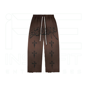Ensemble de survêtement streetwear marron pour homme, comprenant un sweat à capuche zippé intégral en coton à imprimé croisé coupe ample et un pantalon évasé vintage - Product Image 4