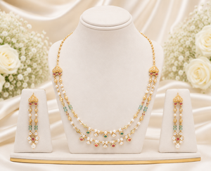 Prayom Gold Fine Jewelry <b>Set</b> 30.060g Multi Layer <b>Necklace</b> and Earrings <b>Pearl</b> Bead Charm Pendant for Wedding Romantic Occasion - Product Image 2