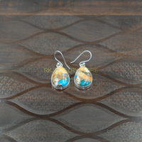 Boucles d'oreilles pendantes faites à la main en argent sterling 925 avec pierres précieuses en forme de poire de turquoise naturelle multicolore et coquille d'ormeau, style bohème ethnique