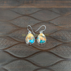 Pendientes Colgantes Hechos a Mano de Plata de Ley 925 con Gema de Turquesa de Ostra Espinosa Multicolor Natural en Forma de Pera, Estilo Bohemio Étnico - Product Image 6