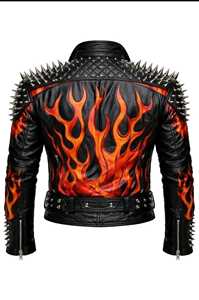 Veste de moto en cuir pour homme, style punk, avec imprimé graffiti, fermeture éclair, col rabattable, pour l'automne - Product Image 4