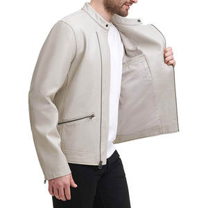 Veste moto en cuir véritable blanc pour homme, col montant, fermeture éclair, coupe ajustée - Product Image 3