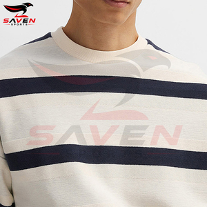 Sweat-shirt rayé pour homme en gros, col rond, épaules tombantes, rayures horizontales blanc cassé et bleu marine, personnalisable, pour tenue décontractée - Product Image 4