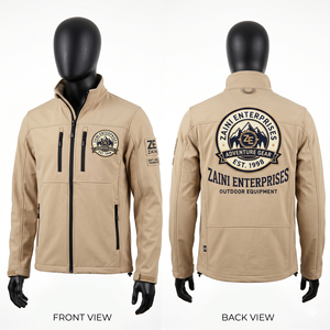 Chaqueta Softshell Premium para Hombre, 320 GSM, Poliéster y Spandex, Color Beige, Diseño de Paneles en Contraste, Logotipo con Parche Bordado Personalizado - Product Image 1