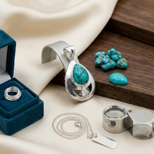 Handmade Geometric Turquoise Pear Pendant Necklace Silver Plated <b>Rope</b> <b>Chain</b> Satin Matte Finish Brass Boho Drop Jewelry - Product Image 1