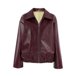Blouson bomber en cuir PU écologique pour femme, couleur unie, fermeture éclair sur le devant, col rabattu, manches longues, longueur courte, automne-hiver - Product Image 1