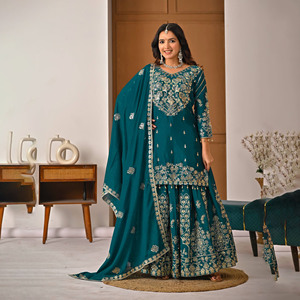 Lehenga Kurta Tradicional para Mujer, Color Verde Azulado, Georgette Sintético, Bordado, Sin Arrugas, Largo hasta el Suelo, Corte Regular, India, Pakistán - Product Image 1