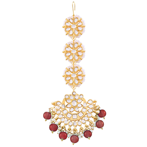 Ethnic Style Alloy Maangtikka With <b>Blue</b> <b>Beads</b> And Pearl Chain Handmade For Wedding Bridal Occasion - Product Image 2