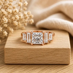 Bague de fiançailles Art Déco en or massif 10K 14K 18K avec diamant de laboratoire taille princesse couleur DEF clarté VS VVS certifié IGI, bague à cinq pierres - Product Image 2