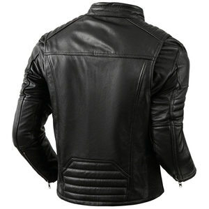 Men's Black Leather Moto Biker Jacket Stand Collar Zipper Closure Regular Fit Autumn Wear - Product Image 5