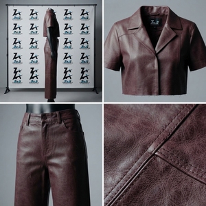 Manufacturer Clothing Wholesale PU Leather Crop Top & Wide Leg Pants <b>Burgundy</b> Faux Leather Two Piece Vintage Tracksuit Set - Product Image 4