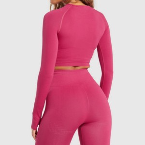 Ensemble Push pour femme : Crop top rose texturé à manches longues et leggings taille haute, sans bretelles, maintien élevé, grande taille, respirant, pour le yoga - Product Image 2