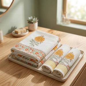 Juego de Toallas de Algodón Waffle de la Mejor Calidad, 1 Toalla de Baño y 2 Toallas de Mano, Secado Rápido, Diseño Floral Estampado a Mano, Rectangulares, para el Hogar - Product Image 5
