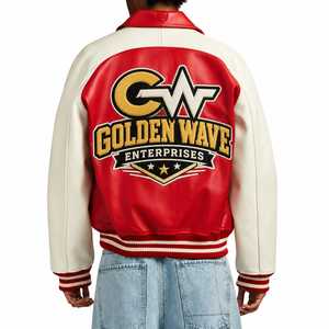 Veste universitaire en cuir véritable Goldenwave Factory personnalisée |   Blouson bomber avec logo brodé |   Manchette côtelée de qualité supérieure et doublure matelassée - Product Image 5