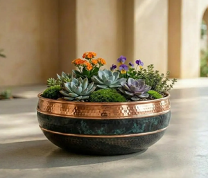 Handmade Rustic Metal Tabletop <b>Vase</b> Round Copper Finish With Succulents And Flowers Decorative Floral Display rough-forged metal - Product Image 2
