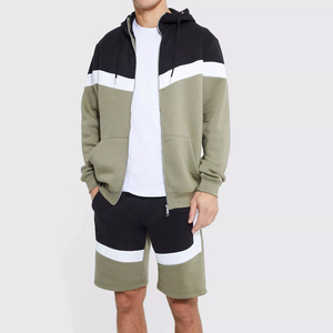 Conjunto de Sudadera con Capucha y Cuello Alto para Hombre, Transpirable, Estilo Urbano, Informal, de Verano, con Forro Polar, 100% Algodón, Pantalones Cortos, Color Verde Oliva y Negro - Product Image 1