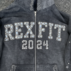 Sudadera con capucha para hombre, de gran gramaje, con lavado ácido, 100% algodón, felpa francesa, pedrería, bordado desgastado y cremallera, la más vendida - Product Image 5