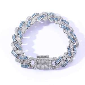 Blue Iced Out Cuban Link Silver Chain Rhodium Plated Round Brilliant Cut Moissanite Micro Insert Hip Hop Unisex Wedding <b>Bracelet</b> - Product Image 1