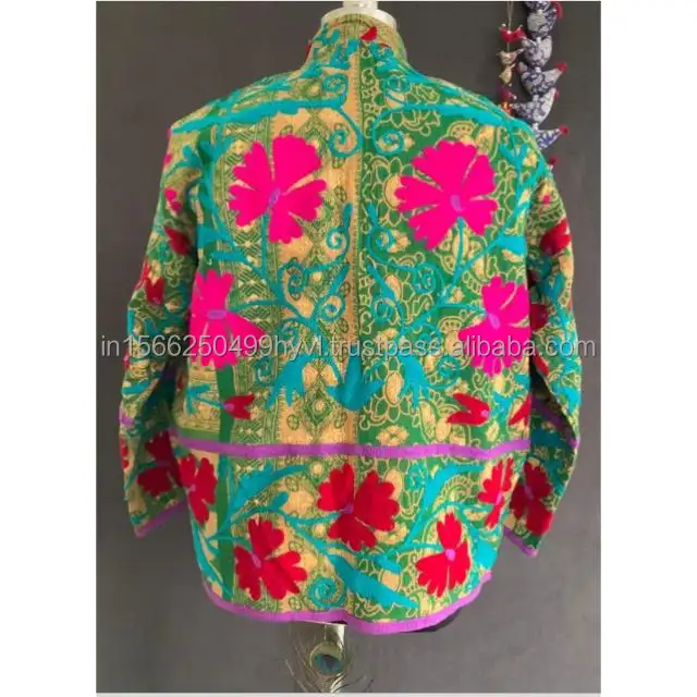 Unisex Reversible Green-Beige Floral Suzani Kantha Vintage Traditional Hand Embroidered Jacket Gift For Someone Special Friends