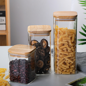 Bocaux de conservation alimentaire carrés en verre borosilicate avec couvercle en bambou et joint hermétique pour aliments secs, sucre, biscuits - Contenant au design moderne - Product Image 1