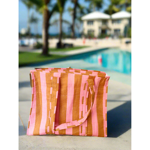 Sac fourre-tout en coton matelassé indien fait main. Sac fourre-tout à rayures rose poussière avec fermeture éclair - Product Image 3