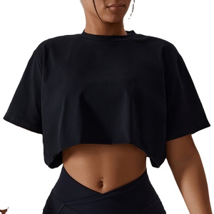 T-shirt court en coton personnalisé oversize couleur unie crop top t-shirts athlétiques en spandex pour femmes - Product Image 1