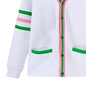 For White Wool/Cashmere Thick Fleece <b>Cardigan</b> Winter Knit <b>Chenille</b> Greek Letters Shield Logo Button Front Varsity Style Casual - Product Image 4