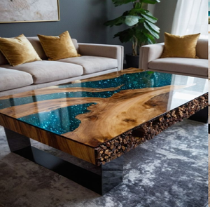 Esta masiva mesa rectangular con borde natural presenta un río de resina color verde azulado brillante, una base texturizada de madera, a precios de mayorista. - Product Image 1