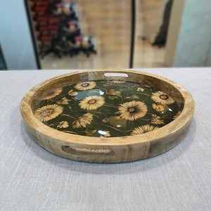 Round Wood Carved Serving Tray with Handles Retro Handmade Engraved Rustic <b>Platter</b> Tray Decorative Handmade Food Serving Tray - Product Image 2