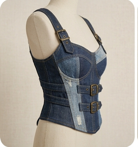 Top Corset de Mezclilla con Parches, Tirantes Finos, Botones al Frente, Ajustado, Estilo Casual para el Día a Día y Estilo Urbano - Product Image 3