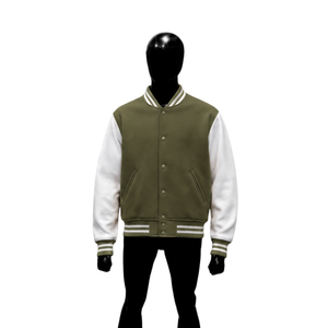 <b>Men's</b> Olive Green Varsity <b>Jacket</b> <b>White</b> Sleeve Casual Fleece Baseball Coat Turn-down Collar Button Closure Autumn Wear <b>MENS</b> FASHI - Product Image 1