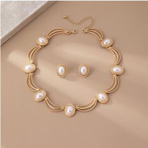European American Retro Light Luxury Style Women's <b>Necklace</b> Earrings Set Zinc Alloy Inlaid Zircon Anniversary Collar Bone Chain - Product Image 2
