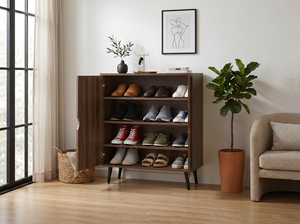Moderno Mueble Zapatero de Madera de Nogal SC234, Mueble de Almacenamiento de Zapatos para Entrada con 2 Puertas, Organizador de Zapatos para 12 Pares con Bisagras Metálicas - Product Image 2