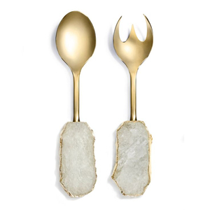 Ensemble de 2 cuillères à salade de luxe en acier inoxydable doré avec manche en pierre moderne – Ustensiles de service élégants pour la table à manger à domicile – En promotion - Product Image 1