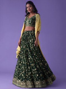 Green Traditional A-Line Floral Bridal Lehenga Set Zari Embroidered Georgette Dupatta <b>Wedding</b> Party Dress for <b>Women</b> - Product Image 1
