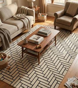 Hing Dimand Hand-Tufted <b>Abstract</b> Wool Non-Slip Area <b>Rug</b>-Cream & Charcoal Black Minimalist Floor Carpet - Product Image 6